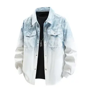Men's tie-dye gradient long-sleeve shirt, premium new shirt, front chest double pocket, buttoned denim jacket, suitable for spring and autumn wear