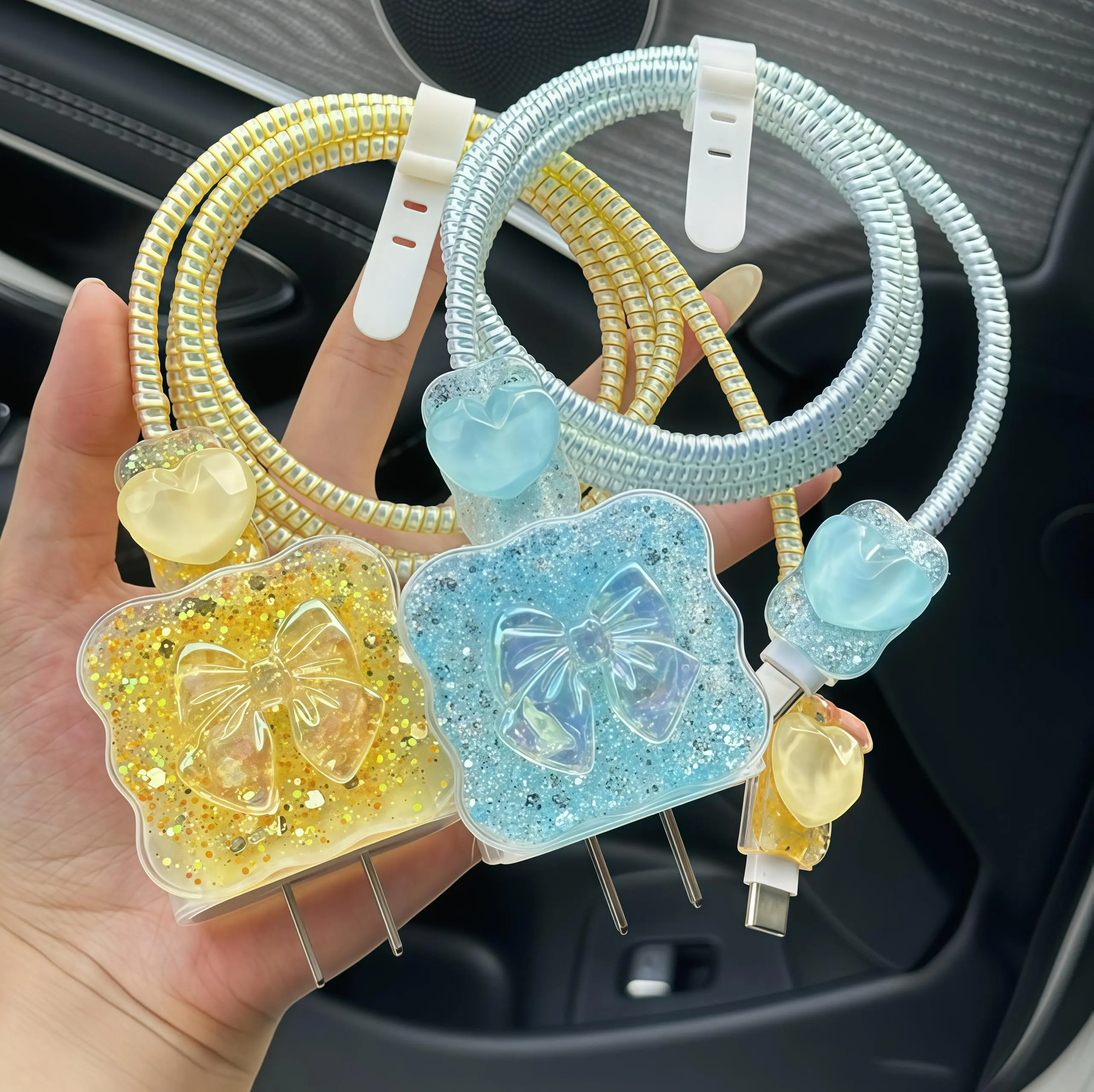 Glitter Bow & Heart Adapter Cover with Spiral Cable Protector, 2-Piece Anti-Break Set for 20W iPhone 15/16 Pro, Sparkle Your Charge, 2-Pieces, 20W Power, Protection, Casing, Accessories, Cord
