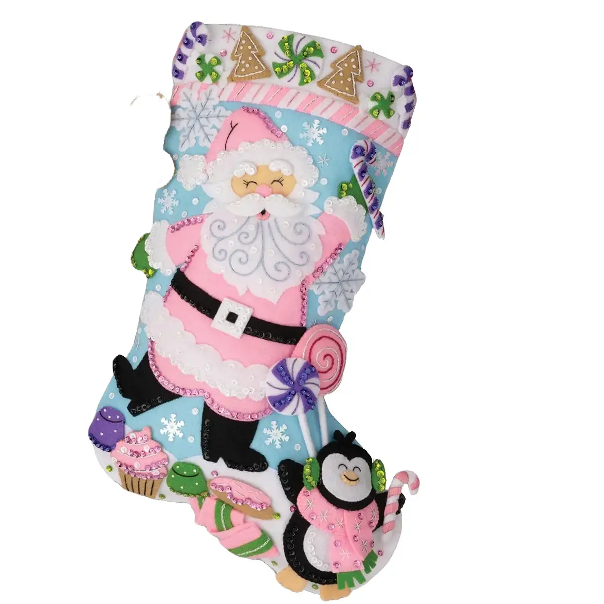 Bucilla® Christmas Felt Stocking Kit - Lollipop Santa 89705E, Embroidered Beads Customizable Set, Festive Home Decor, Holiday Gift Option