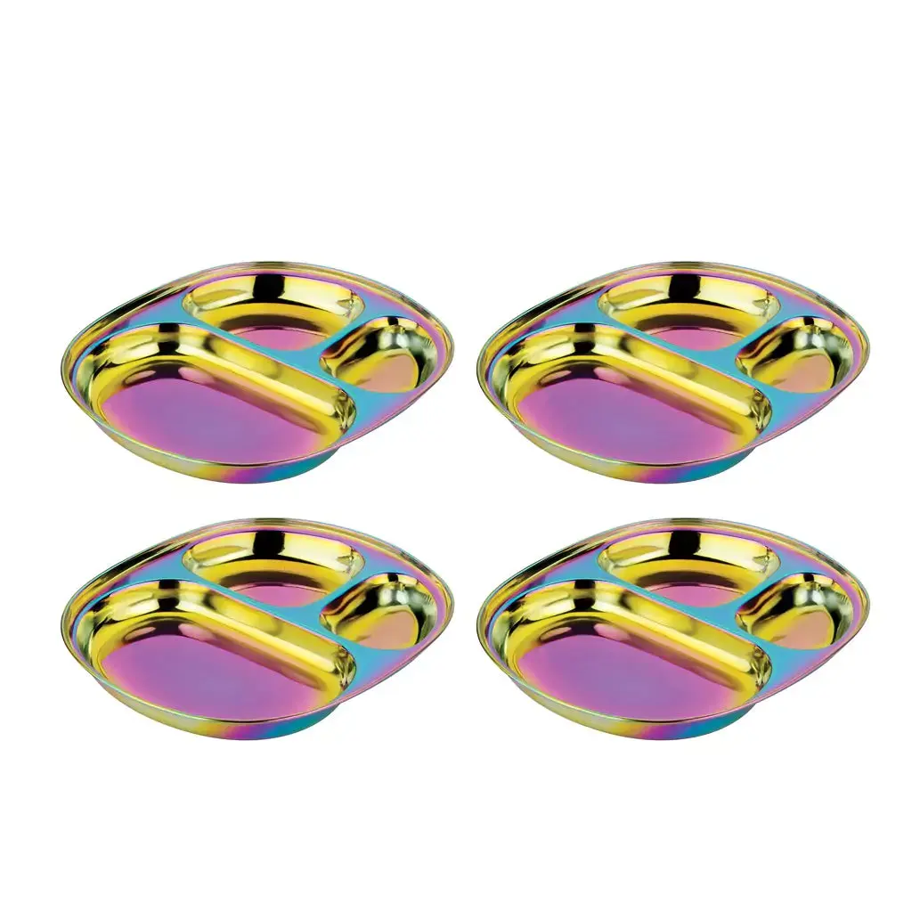 Ahimsa Stainless Steel Balanced Bites Divided Plates (Set of 4) for Kids and Toddlers in Rainbow
