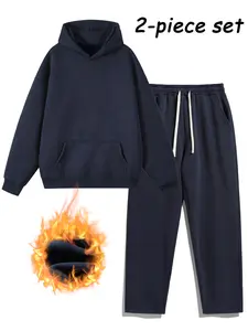 Men's Plain Two-Piece Sweatsuit Set, Fitted Casual Hoodie & Drawstring Pants, Thick Fabric for Fall/Winter, Everyday Wear Essentials Outfit Outdoor SpringStatements