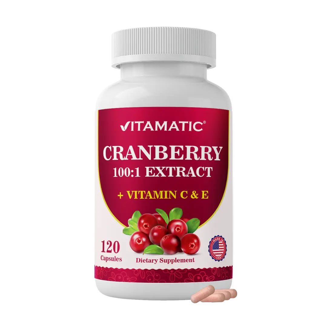 Vitamatic 500mg 100:1 Cranberry Extract Dietary Supplement - 2-Capsule Equivalent, 120 Veg Capsules - Clean, Sugar-Free Urinary Aid with Vitamin C, E - Blended Vitamins & Minerals - Bladder Support - Non-GMO, Gluten-Free, Made in USA
