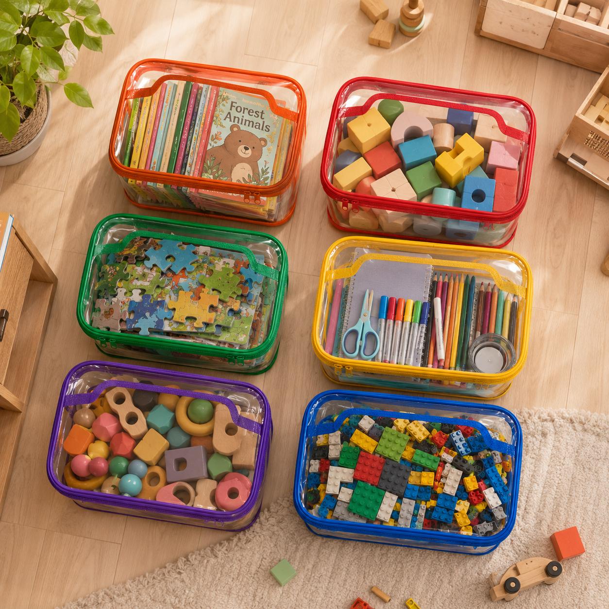 6-Pack Colorful Toy Storage Bags with Labels and Marker, Clear Waterproof PVC Organizer Bags for Building Blocks, Puzzles, Kids’ Crafts 6-Pack Colorful Toy Storage Bags with Labels and Marker, Clear Waterproof PVC Organizer Bags for Building Blocks, Puzzles, Kids’ Crafts