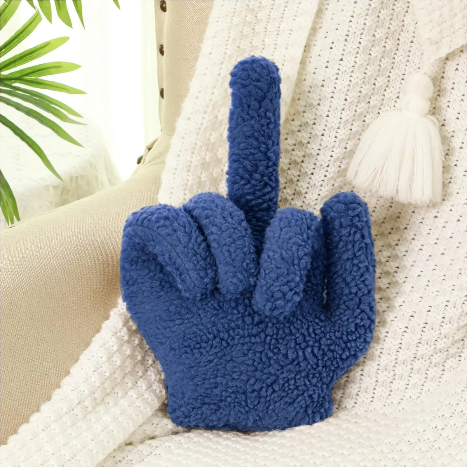 Navy Blue Sherpa Fleece Pillow 13.78 x 9.84 in Funny Emoticon Middle Finger Design Soft Plush Cushion for Couch Gag Gift