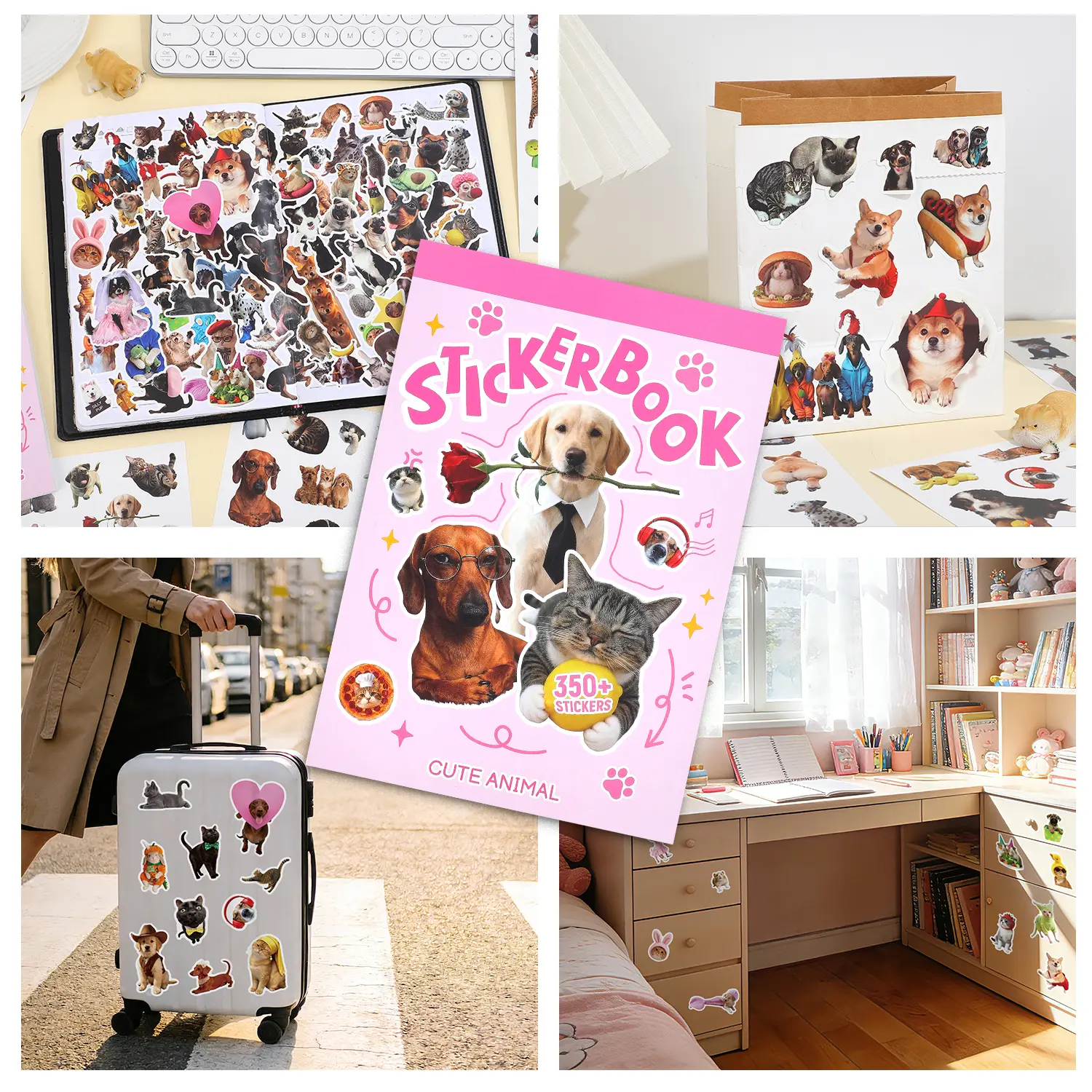 Cute Pet Sticker Book – 350+ Pcs Stickers, Waterproof Vinyl, Cat & Dog Aesthetic Stickers for Scrapbooking, Journaling, DIY Crafts, Kawaii Planner Stickers ,