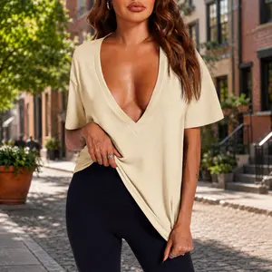 Imily Bela Essentials Womens Sexy Deep V Neck T-Shirts Summer Short Sleeve Tops Casual Loose Fit Basic Tees