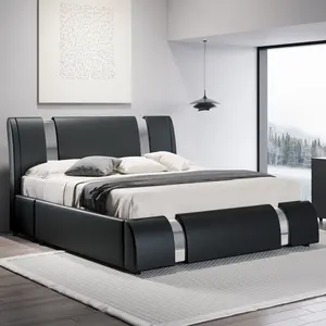 HOOMIC Modern Faux Leather Platform Bed Frame【Frame Only No Mattress】with Iron Pieces Decor,Low Profile Platform Bed with Height-adjustable Headboard,Solid Wood Slat Support,No Box Spring Needed,Queen/King Size