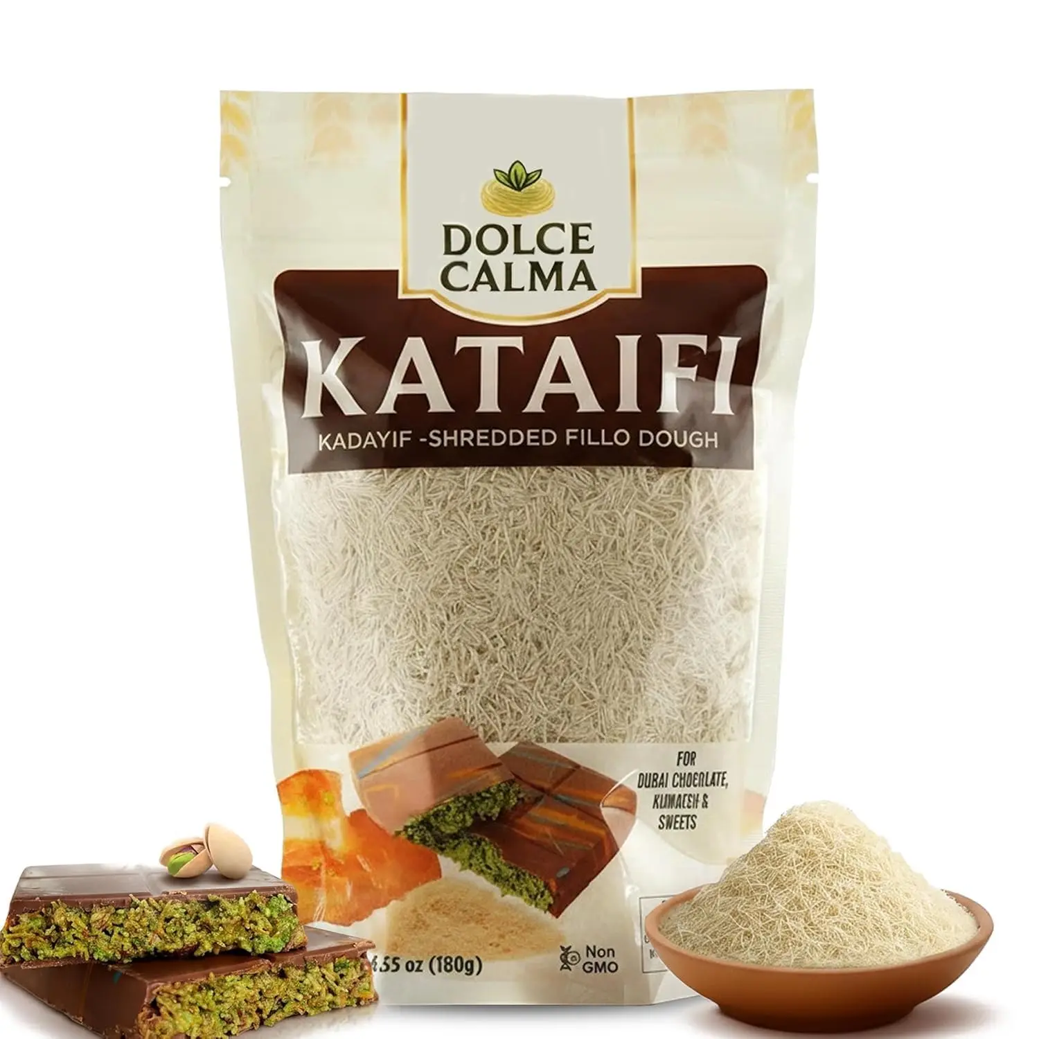 Dolce Calma Premium Dried Kataifi Dough (180g / 6.4oz) – Kadayif for Dubai Chocolate Bar, Kunafa & Baklava Desserts, Finely Shredded Fillo, Resealable Bag, Phyllo for Pistachio Cream Bakery Dry Knafeh