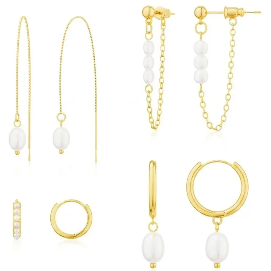 14K Gold Plated Freshwater Pearl Huggie Earring Set for Women, 8 Count Hypoallergenic Pearl Stud and Hoop Earrings, Dainty Chain and Threader Style, Tiny & Delicate Jewelry Gifts