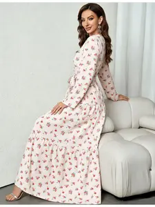 A women's apricot-based floral print long-sleeve crewneck round neck waist-cinching slimming tie bow midi dress with a pastoral style, suitable for commuting, daily wear and vacation outfits, Casual wear, Casual Boho Elegant.