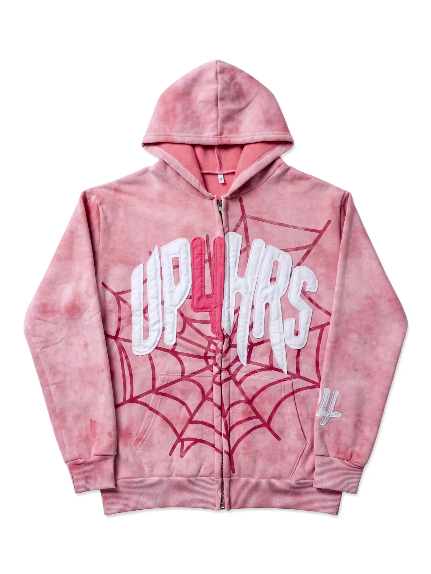 Men's Pink Zipper Hoodie with Letter Patch and Spider Web Print - Soft Sanded Texture with Inkjet Technology, Y2K Street Style Long Sleeve Loose Fit Sweatshirt, Retro Gothic Rock 3D Printed Couple's Hoodie, Perfect Autumn/Winter Casual Gift