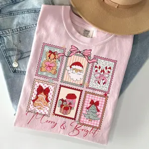 Comfort Colors Merry & Bright Christmas Stamp TShirt, Christmas Coquette Tee, Retro Santa Graphic Tee, Holiday Postage Stamp T-Shirt, Xmas Tee