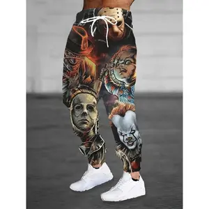 2024 Vintage Horror Movie Print Men'S Casual Sport Pants - Stretchy Fabric, Pocket Detail, Regular Fit, White Sneakers, Horror Movie Character Design, Horror Movie Pants | Horror Movie Print | Stretchy Fabric Pants