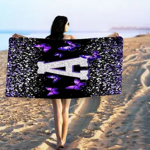 Printed Microfiber Beach Towel - Stylish Black and Silver Alphabet 26 Letter Beach Towel with Purple Butterflies and Sparkle Confetti Design, Travel, Camping, and Lounging – High-Definition Digital Print Durable Machine Washable Decor.