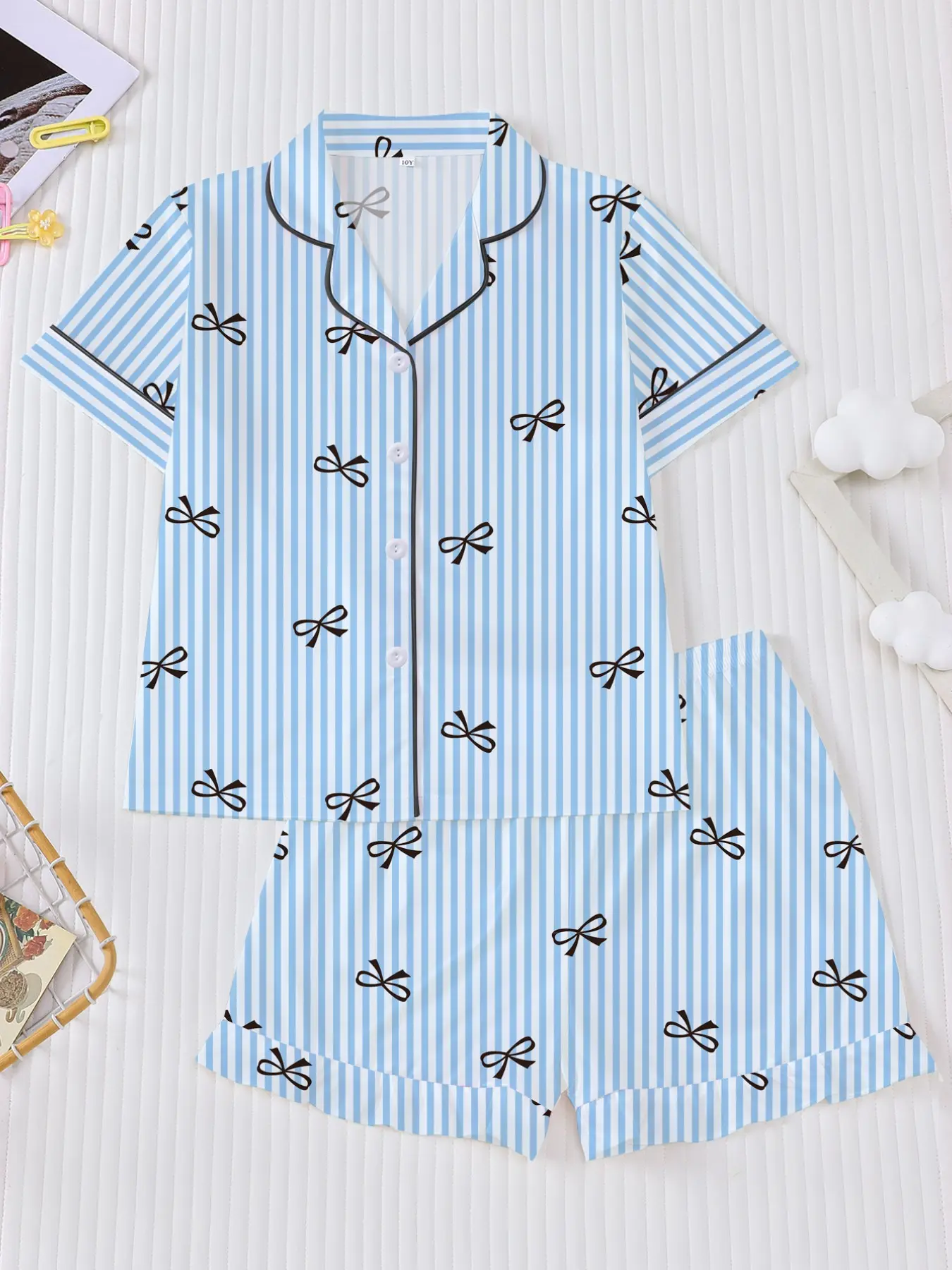 Girl's Bow Print Top & Elastic Waist Shorts Pajama Two-piece Set, Cute Comfy Short Sleeve Top & Shorts Pj Set, Kids Sleepwear for All Seasons, Casual Comfy Pyjama, Collared Pajama Set, Pajama Clothes