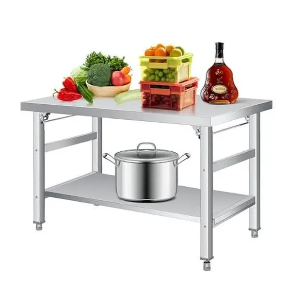 36-inch Double-Tier Stainless Steel Folding Table, 920 lb Capacity, with Lower Shelf | Keywords: commercial prep table, garage workshop table