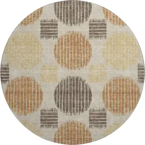 HomeRoots 671579 8 ft. Tan, Gold & Brown Geometric Washable Round Area Rug with UV Protection