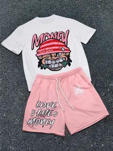 Two-Piece Set Men's Cartoon Face Print Short Sleeve Tee & Boxer Briefs Set, Regular Fit Casual Round Neck T-shirt & Shorts, Men's Summer Clothes, Casual Outfit Set, Casual Fashion Set, Casual Streetwear Set