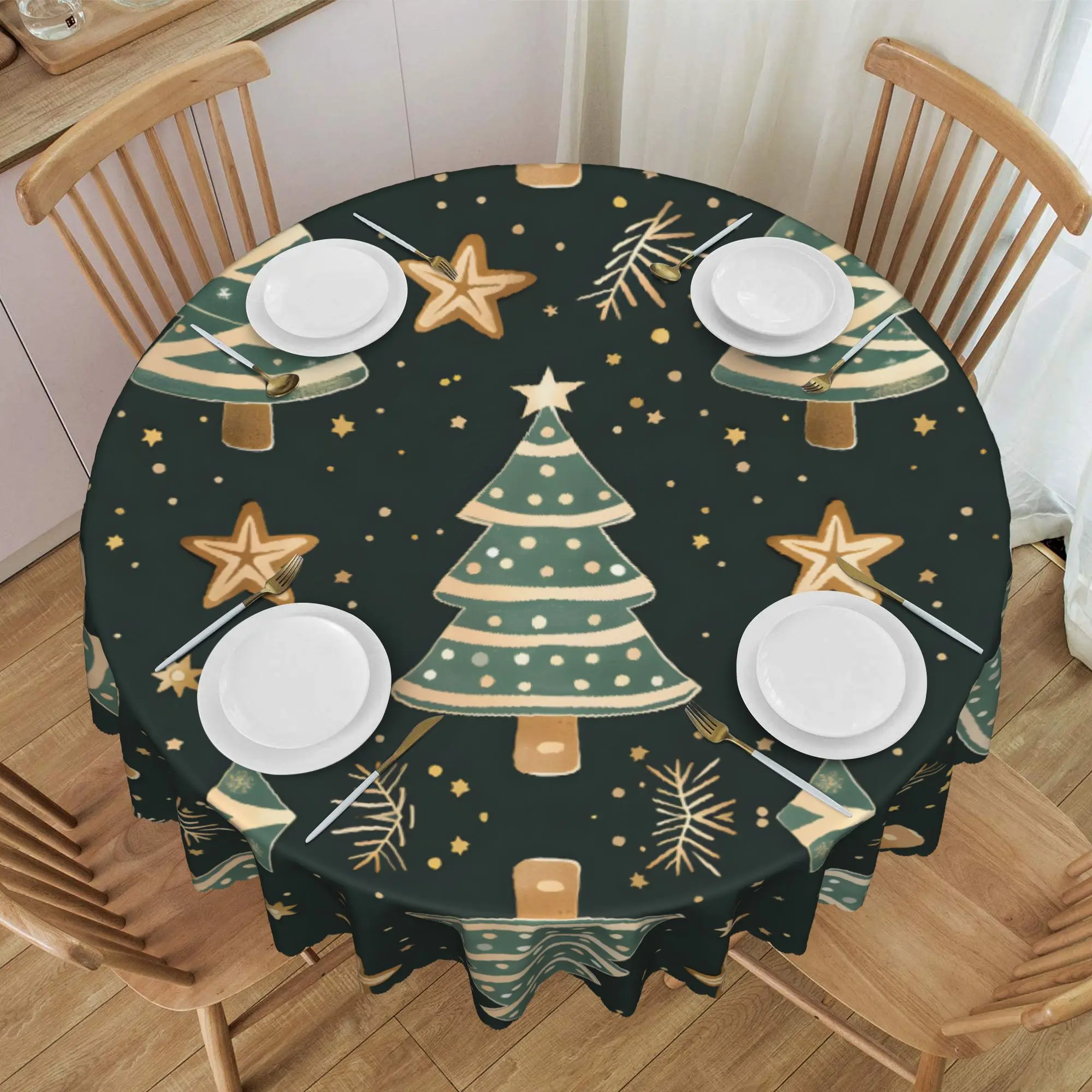 Dark Green Christmas Round Tablecloth - Minimalist Xmas Tree & Golden Star Print, Water-Resistant Soft Wrinkle-Resistant Fabric, Reusable Washable Decor Cover for Indoor Outdoor Christmas Party, Dinner