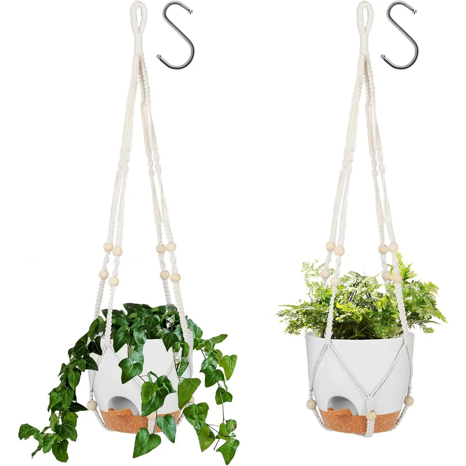 8 Inch Hanging Planters with Macrame  Hanger for Indoor and Outdoor , 2 Pack Large Self Watering Hanging  Pot with Basket Flower Pot with Drainage Hole, White