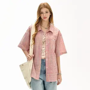 F426 Official Store Pink Plaid Textured Short Sleeve Shirt, Y2K Oversized Casual Button Down Top for Women, Summer Streetwear Loose Blouse