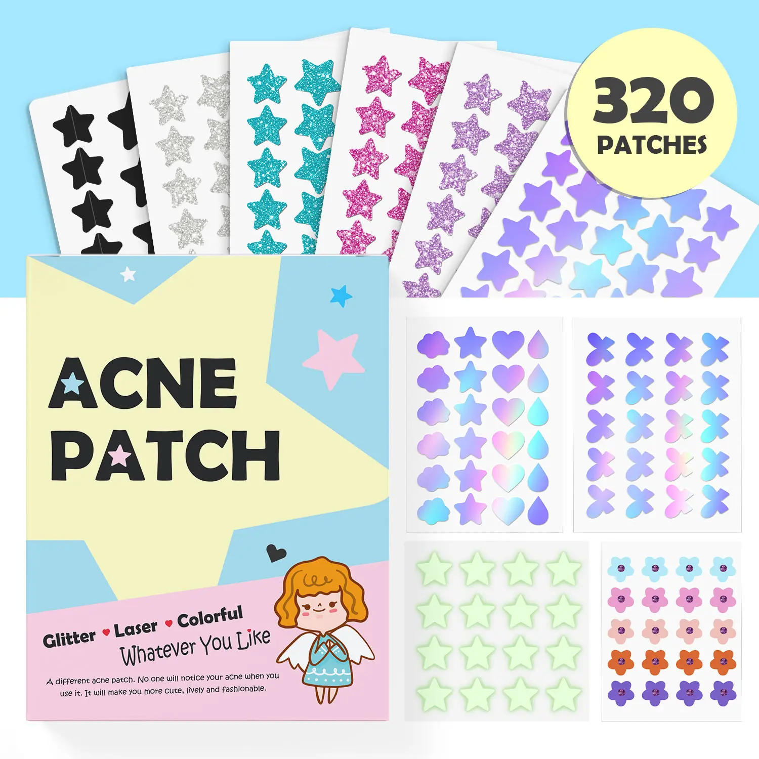 Decorative Acne Patches, Glitter and Colorful Star Designs, Multi-Shape Pimple Cover Stickers Case Daily pimplepatches pair acne cream acne clearing products Pastel Peel Skin Repair