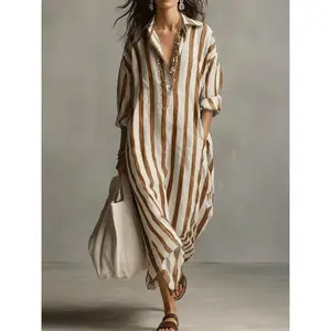 2026 New European and American Style Striped Shirt Dress for Women, Long Loose Casual V-neck Dress, Fashionable and Relaxed for Summer