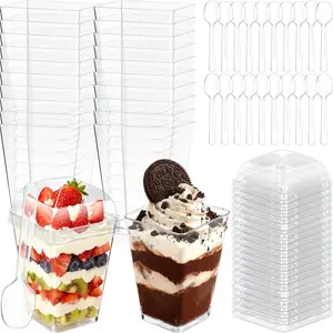Plastic Dessert Cups with Lids and Spoons, Clear Small Yogurt Parfait Cups with Lids, Mini Dessert Shooter Cups with Spoons, Square Appetizer Cups for Party Fruit Pudding Trifle Ice Cream 20 Pack
