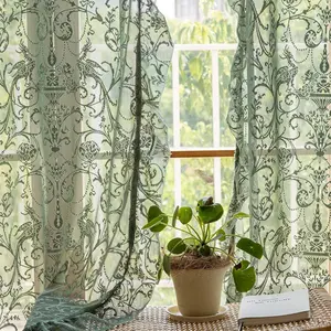 Green Lace Curtains 72 Inch Length 2 Panels - Victorian Olive Sheer Floral Curtains for Bedroom  Boho Ruffle  for Doorway Closet Curtains Rod Pocket,59 x 72 Inch, Olive Green