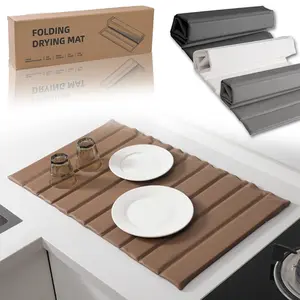 VORISEBO Foldable Stone Dish Drying Mat with PU Leather for Kitchen Counter, Quick Dry Non-Slip & Water-Absorbent for Cups Dishes Bottles