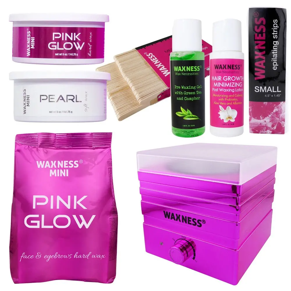 Beauty Gel Wax Hair Removal Kit for Face & Eyebrows - At-Home Waxing System with 500ml Metallic Fuchsia Mini W-Cube Warmer, Silicone Insert, Waxing Kit