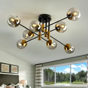 8 Light Glass Globe Ceiling Light Black and  Mid Century Flush Mount Sputnik Light Fixture Bubble Chandelier Living Room Farmhouse for Dining Room Kitchen Bedroom.
