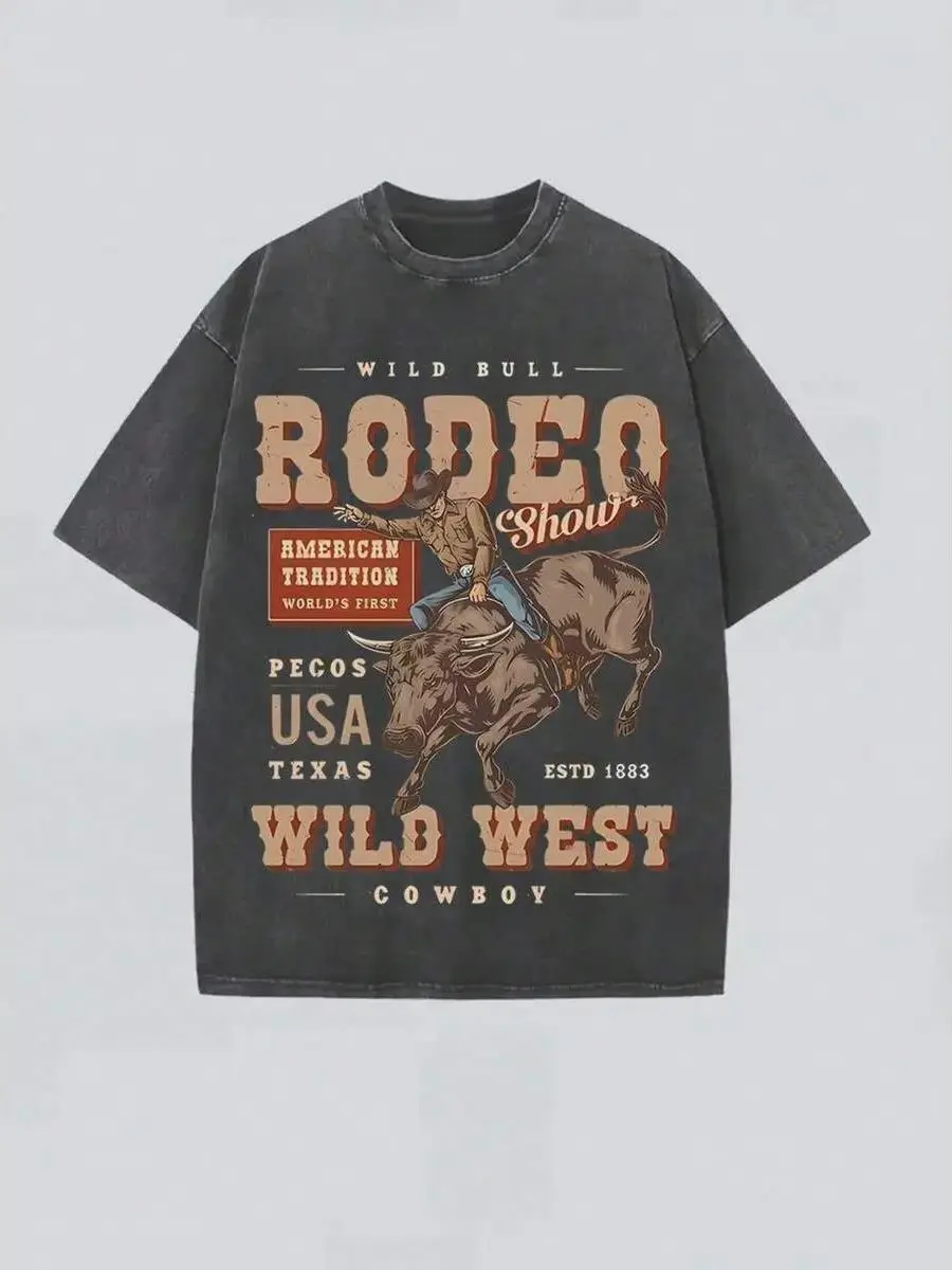 Men's Casual Summer Tops with a Vintage Rodeo Cowboy Design, Soft 230g Washed 100% Cotton Shirt for a Laid-Back Style, Shortsleeve, Graphic, Round Neck, Tee, Vintage Graphic Tees, Menswear, T-Shirt, Cowboy Theme, Vintage Print, Soft Cotton