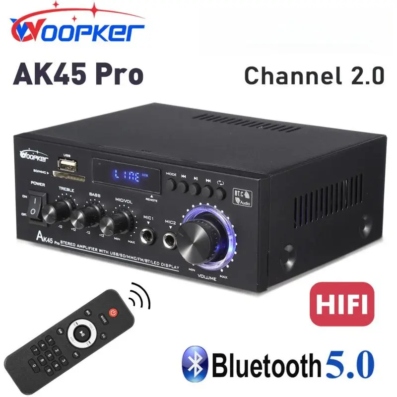 Woopker AK45 Pro Stereo Receiver Amplifier - 400W 2.0 Channel Wireless Bluetooth 5.3 Stereo Audio Unit for Home Theater Sound System, Streaming, Party Lovers, USB, SD Card, RCA, FM Radio, 2 MIC Inputs, Remote Control