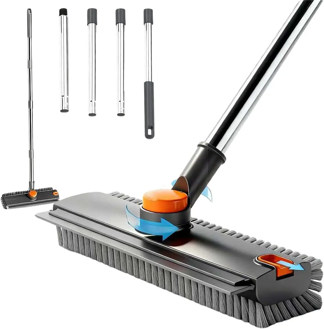 3-in-1 Floor Scrub Brush with Squeegee, Long Handle Rotating Shower Cleaner, Adjustable Stainless Steel Pole Multi-Surface Scrubber for Bathroom Tile Kitchen Floor