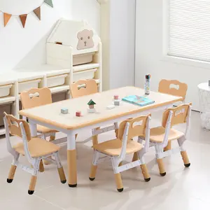 Gaomon Wood-Color Ergonomic Table & 6-Chair Indoor Furniture Set, Height-Adjustable Arts & Crafts Desk with Graffiti Desktop, Non-Slip Legs, 300lbs Max Capacity, Storage for Children’s Study Use