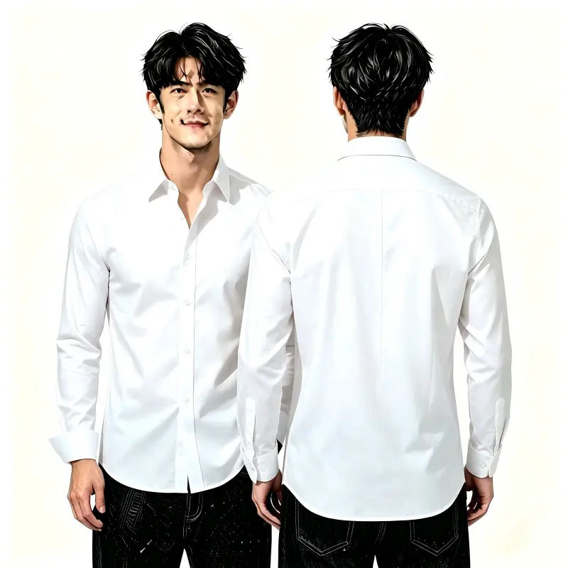 Male Plain Slim Fit Pastel Long-Sleeve Stretch Button-Down Dress Shirt - Wrinkle-Free Polyester, Man Style, for Business Casual, Office Wear