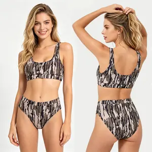 Girls' High-Waisted Camouflage Bikini Swimsuit Set - Stretchy, Quick-Drying, Lightweight Tankini Swimsuits with Top for Vacation Wear