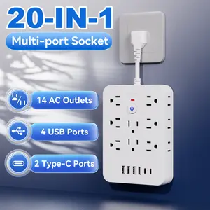 20-in-1 power strip with surge protection, including 14 AC sockets, 6 USB ports (including 2 Type-C), overload protection, extension cord with USB ports, power board surge protector, USB wall plug with multiple sockets, multi plug socket extension cord.