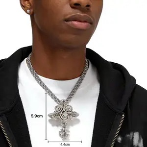 Luxury Iced Out CZ Cross Floral Necklace Bling Hip Hop Chain for Men Women