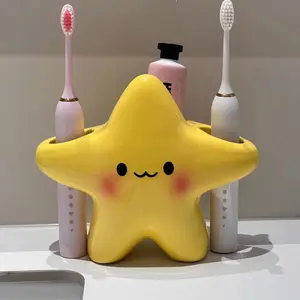 Cute Star-Shaped Plastic Toothbrush Holder, Independent Bathroom Storage Organizer, Adorable Face Design, Durable Abs Structure, Space-Saving Brush & Paste Rack, Standup Brush Holder, Bathroom Accessory