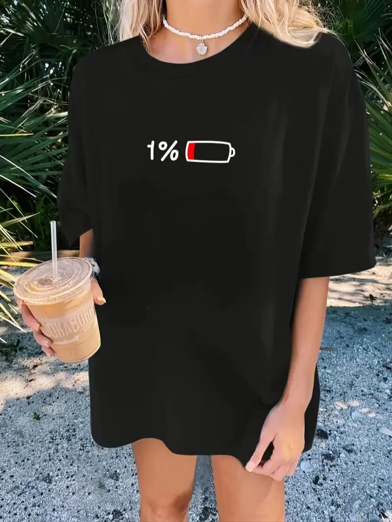 Women Oversized Minimalist Funny 1% Low Battery Life Graphic T-Shirt Soft Black Cotton Short Sleeve Top Relatable Lazy Mood Meme Casual Daily Wear Tee