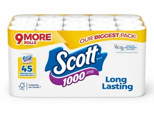 Scott 1000 Toilet Paper – 45 Rolls | Long-Lasting | Septic Safe | 1000 Sheets Per Roll  Trusted Scott Quality — Our BIGGEST Pack Yet!