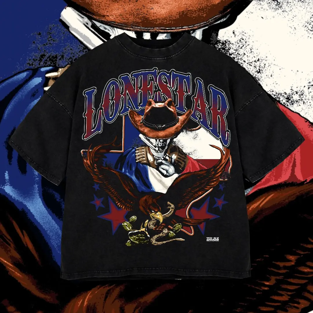 [Texans Revenge] Lonestar Eagle Houston Texas Washed T-Shirt For Men, Graphic Vintage Acid Wash Heavy Cotton Tee, Streetwear Oversized Cowboys Texas Mexican Fans, Made In US