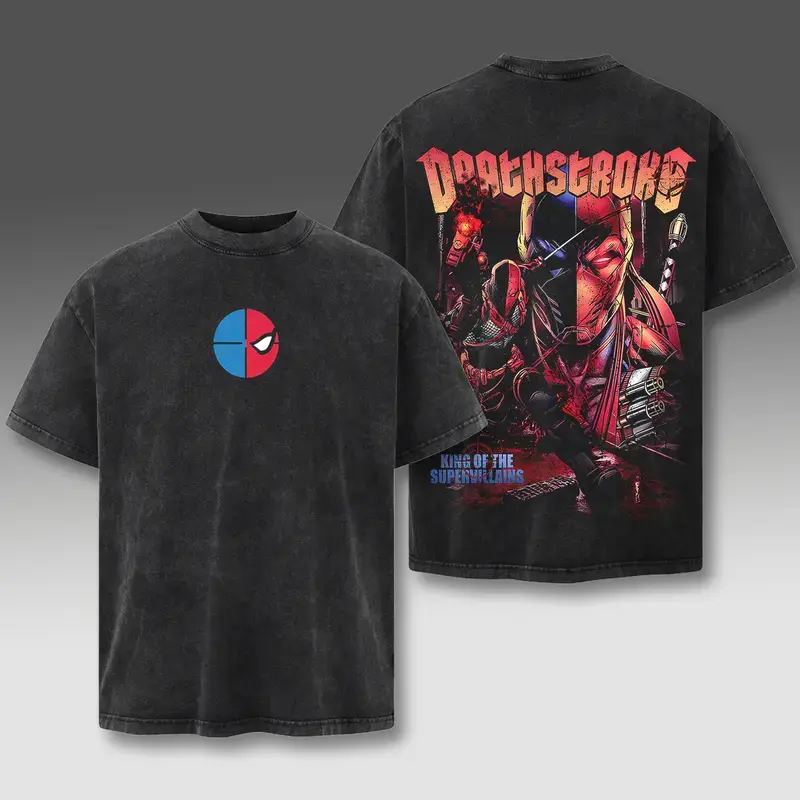 Deathstroke Supervillain DC Comic Double Printed Oversize Lightweight Acid Washed Tee, Character TV Series Graphic Design Unisex Top Cotton Streetwear T-Shirt Clothes Menswear
