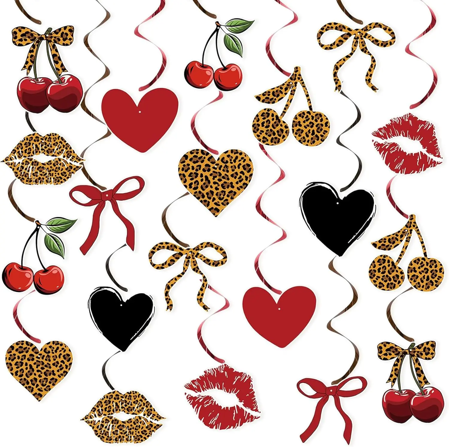 20PCS Cheetah Cherry Birthday Party Decorations Leopard Hanging Swirls Decor with Red and Black Cheetah Cherry Print Pattern Card Safari Animal Birthday Party Decorations Sulpplies for Women Girls