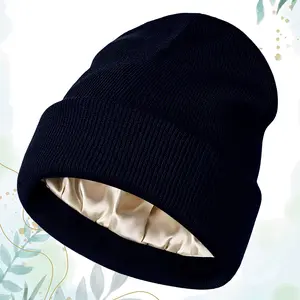 Holiday Gift Satin lined Beanie .Winter Warm Knit Hat, Anti-Static No Frizz Hair Saver Cap for Women & Men