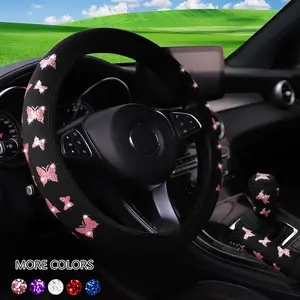 Car Interior Decoration Kit, Butterfly Pattern Steering Wheel Cover & Gear Handle Cover & Handbrake Cover, Car Interior Decoration Accessories, Car Steering Wheel Insert Accessories, Automotive, Pink