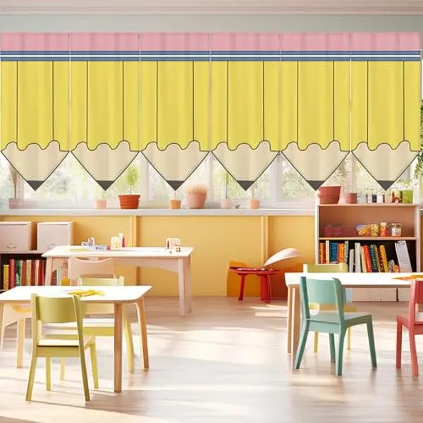 6/8 Pcs Classroom Window Curtains, Rainbow Crayon & Colorful Pencil Back to School Window Decor, Classroom Decorations for Kindergarten Elementary Preschool Daycare