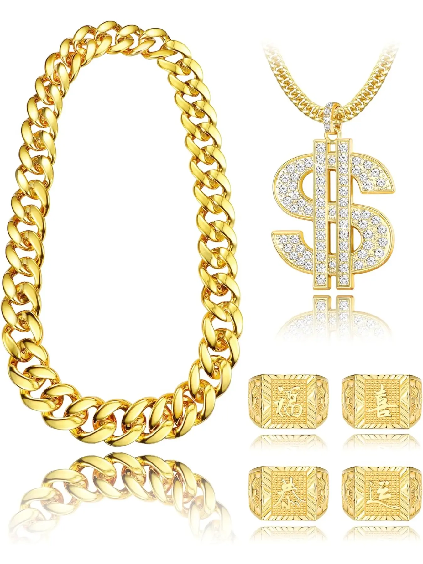 80s 90s Accessories Outfit for Men Women Hip Hop Costumes Outfit Fake Gold Chains Dollar Sign Necklaces and Kanji Blessing Lucky Rings Set 80s 90s Party Jewelry Matching Jewelry Set Trendy Jewelry Set Fashionable Jewelry Set Jewelry Gift Set